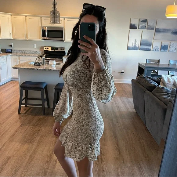 Billowy Beige Mini Dress - Picture 4 of 12